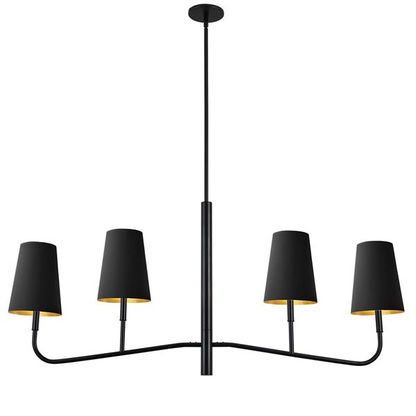 Lustre transitionnel linéaire Eleanor de Dainolite 4 lumières 53 po l. avec abat-jour en tissu noir/or, noir mat