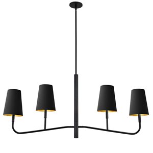 Lustre transitionnel linéaire Eleanor de Dainolite 4 lumières 53 po l. avec abat-jour en tissu noir/or, noir mat