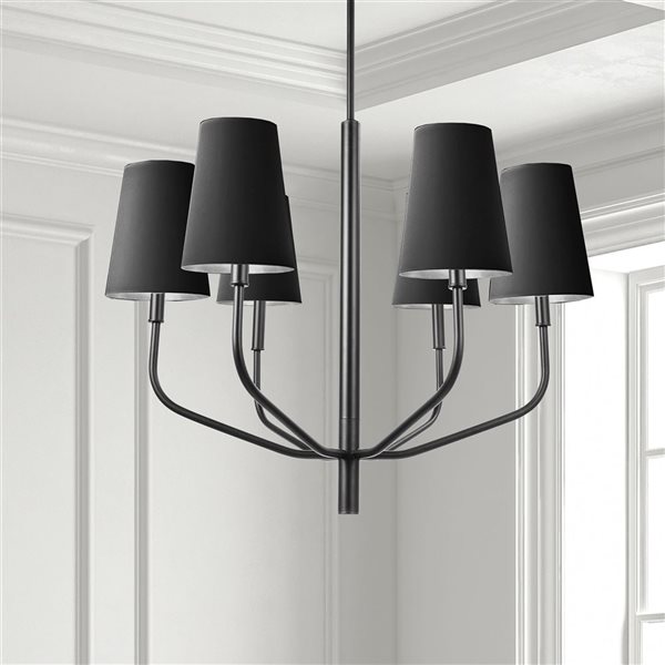Dainolite Eleanor 28-in dia. 6-Light Matte Black Transitional Chandelier w/ 6 Black/Gold Fabric Shades