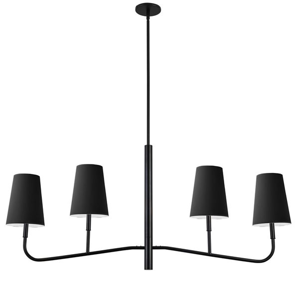 Lustre transitionnel linéaire Eleanor de Dainolite 4 lumières 53 po l. avec abat-jour en tissu noir/blanc, noir mat