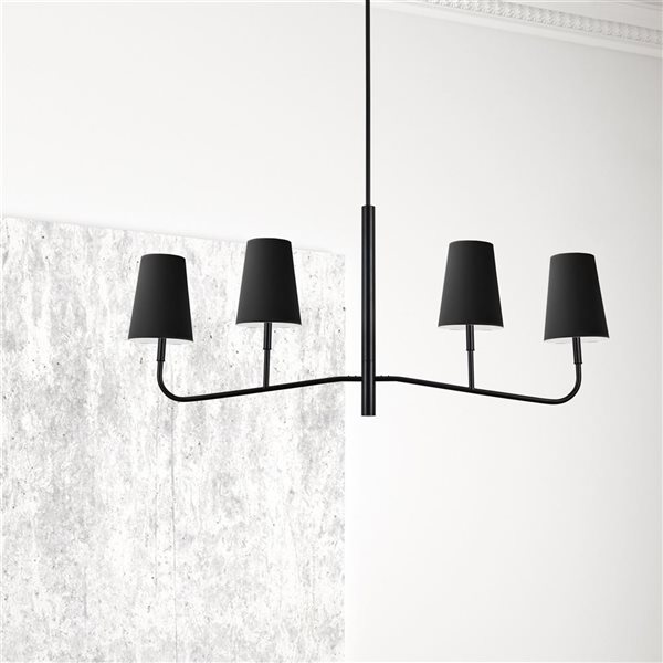 Lustre transitionnel linéaire Eleanor de Dainolite 4 lumières 53 po l. avec abat-jour en tissu noir/blanc, noir mat