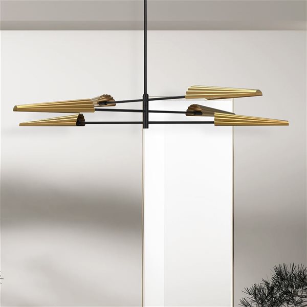 Lustre contemporain à 3 niveaux Cassie de Dainolite 6 lumières 48 l. x 6 po h., noir mat/laiton patiné