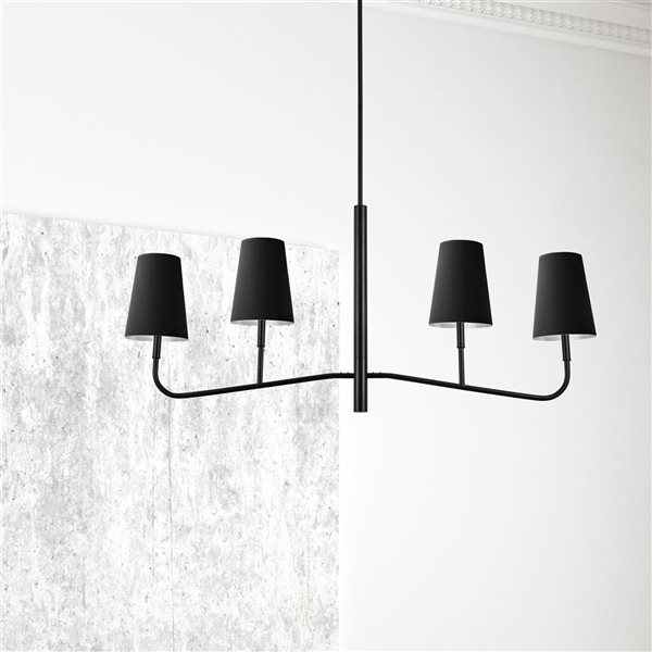 Lustre transitionnel linéaire Eleanor de Dainolite 4 lumières 53 po l. avec abat-jour en tissu noir/argent, noir mat