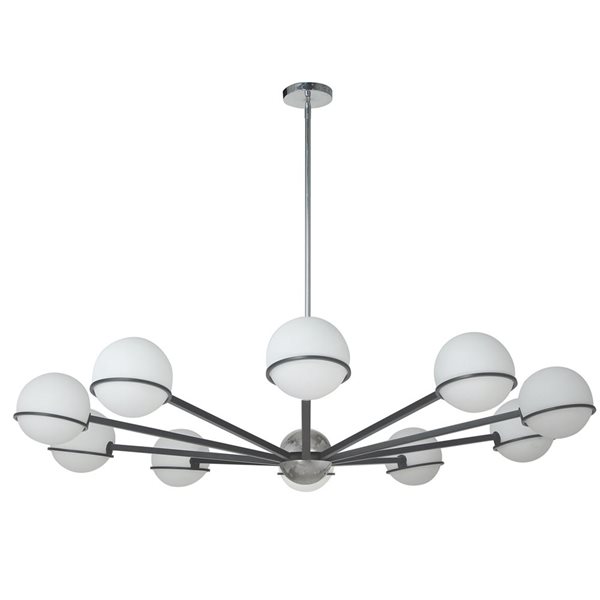 Lustre moderne Sofia de Dainolite 10 lumières 50 po diamètre avec verre opale blanc, noir mat/chrome poli