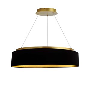 Lustre moderne intégré à DEL Circulo Dainolite 34 W 26 po diamètre x 6 h. po abat-jour en tissu noir/or, laiton patiné