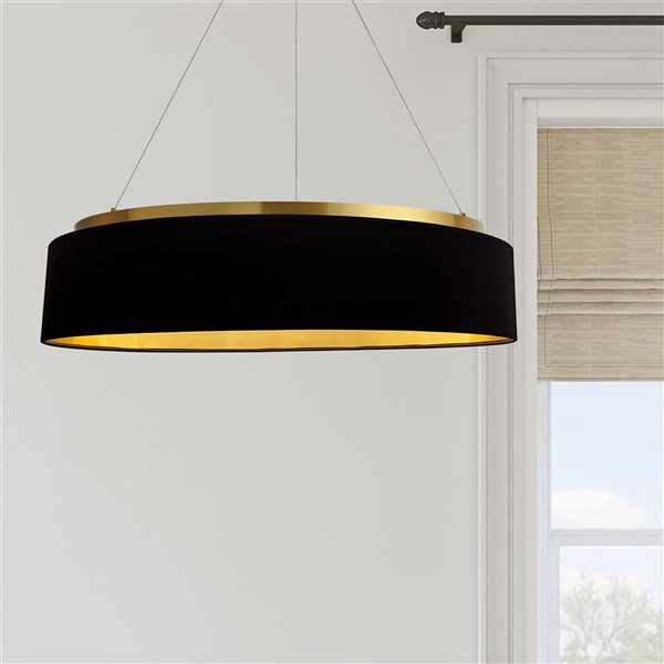 Lustre moderne intégré à DEL Circulo Dainolite 34 W 26 po diamètre x 6 h. po abat-jour en tissu noir/or, laiton patiné