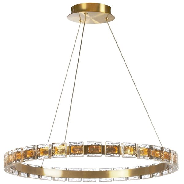 Suspension contemporaine à DEL intégré Camila de Dainolite 28 W 24 po diamètre, laiton patiné/verre cristallin