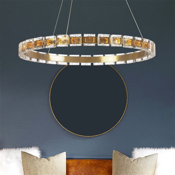 Suspension contemporaine à DEL intégré Camila de Dainolite 28 W 24 po diamètre, laiton patiné/verre cristallin