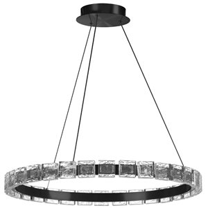 Luminaire suspendu contemporain Camila de Dainolite  à DEL intégré 28 W 24 po diamètre, noir mat/verre cristalin