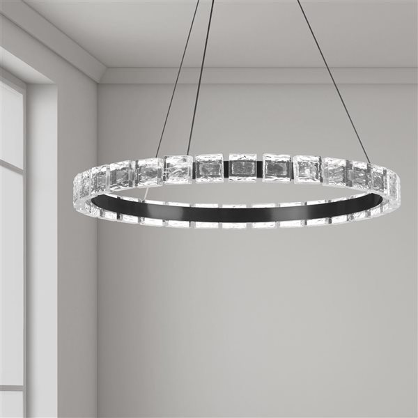 Luminaire suspendu contemporain Camila de Dainolite  à DEL intégré 28 W 24 po diamètre, noir mat/verre cristalin