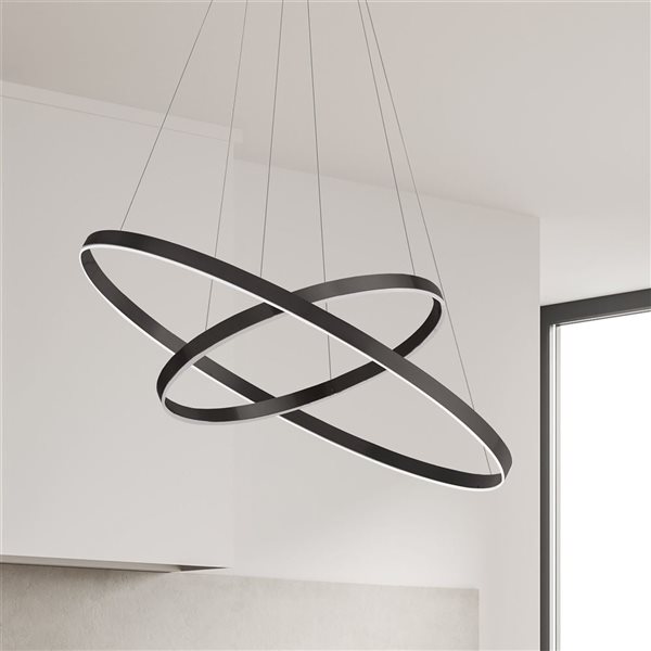 Lustre moderne à deux anneaux Circulo Dainolite 97 W 29 l. x 14 po h. à diffuseur en acrylique blanc, noir mat