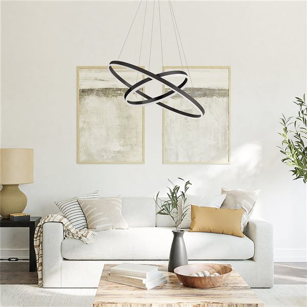 Lustre moderne à deux anneaux Circulo Dainolite 97 W 29 l. x 14 po h. à diffuseur en acrylique blanc, noir mat