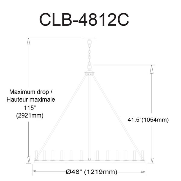 Lustre transitionnel Colby de Dainolite 12 lumières 48 po diamètre, noir mat