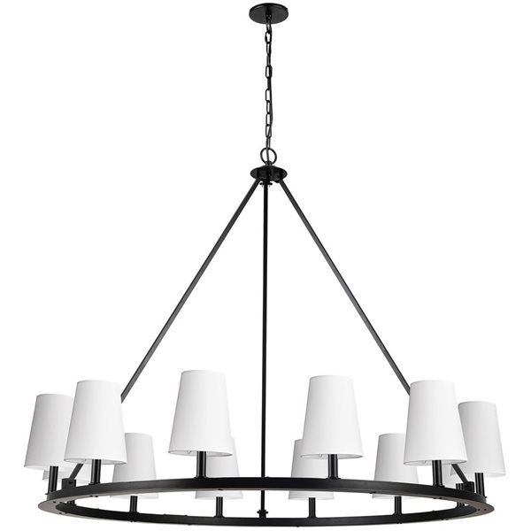 Lustre transitionnel Colby de Dainolite 12 lumières 52 po diamètre avec abat-jour blancs, noir mat