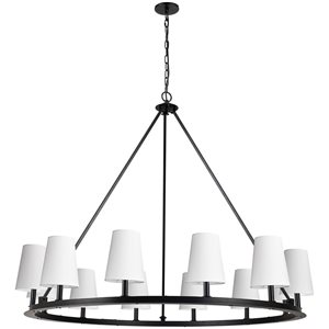 Lustre transitionnel Colby de Dainolite 12 lumières 52 po diamètre avec abat-jour blancs, noir mat