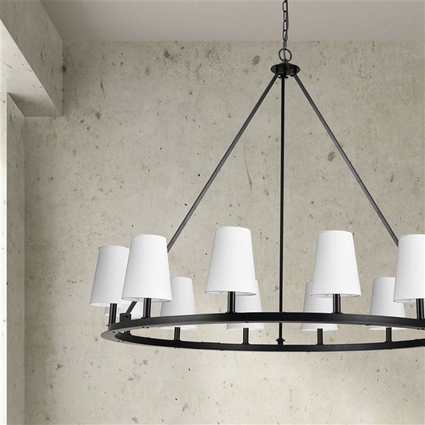 Lustre transitionnel Colby de Dainolite 12 lumières 52 po diamètre avec abat-jour blancs, noir mat