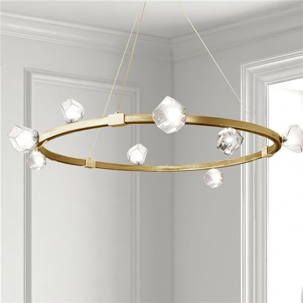 Lustre rond moderne Pearlene de Dainolite 42 po diamètre avec verre transparent, laiton patiné