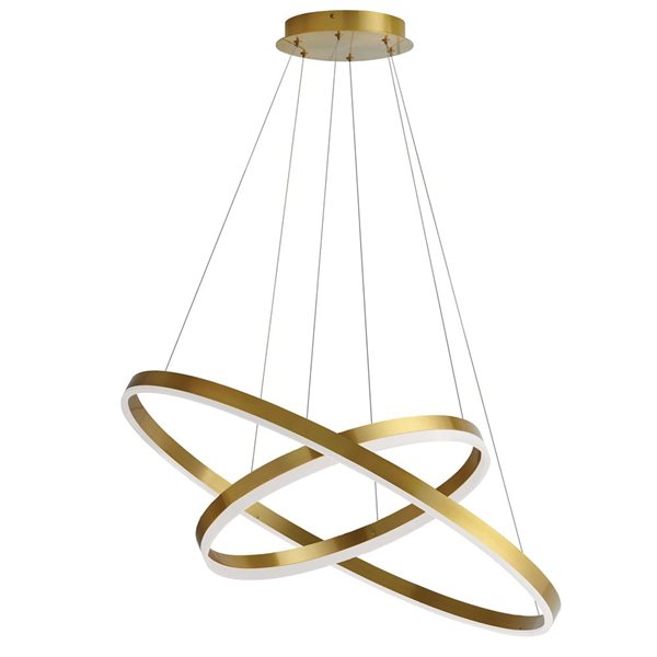 Lustre moderne à deux anneaux Circulo Dainolite 29 l. x 14 po h. à diffuseur en acrylique blanc, laiton patiné, 97 W