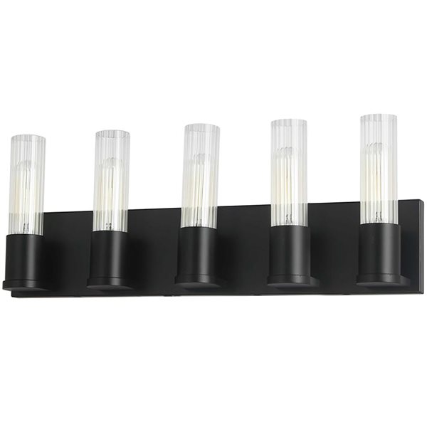 Luminaire de meuble-lavabo 5 lumières Tube de Dainolite noir mat avec verre clair cannelé