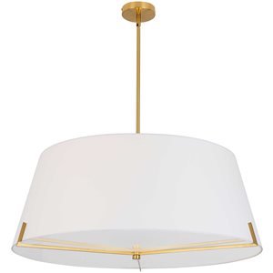 Luminaire suspendu Preston de Dainolite à 4 lumières de 33 po de diamètre en laiton patiné à abat-jour en tissu blanc