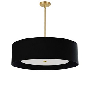 Lampe suspendue Helena de Dainolite à 4 lumières 30 po de diamètre laiton patiné avec abat-jour noir et diffuseur blanc