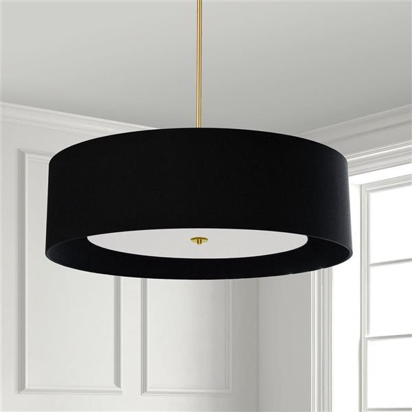 Lampe suspendue Helena de Dainolite à 4 lumières 30 po de diamètre laiton patiné avec abat-jour noir et diffuseur blanc