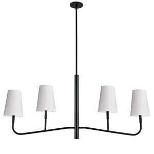 Lustre transitionnel linéaire Eleanor de Dainolite 4 lumières 53 po l. avec abat-jour en tissu blanc, noir mat