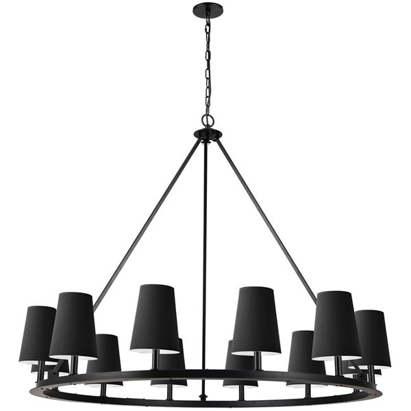 Lustre transitionnel Colby de Dainolite 12 lumières 52 po diamètre avec abat-jour noirs, noir mat