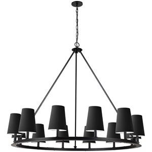 Lustre transitionnel Colby de Dainolite 12 lumières 52 po diamètre avec abat-jour noirs, noir mat