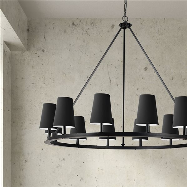 Lustre transitionnel Colby de Dainolite 12 lumières 52 po diamètre avec abat-jour noirs, noir mat