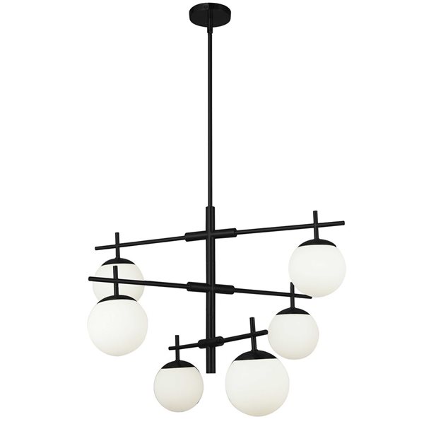 Lustre moderne Caelia de Dainolite 6 lumières 30 l. x 22 po h. avec verre opale blanc, noir mat