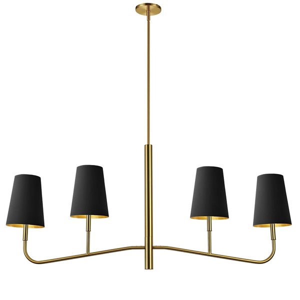 Lustre transitionnel linéaire Eleanor de Dainolite 4 lumières 53 po l. avec abat-jour en tissu noir/or, laiton patiné