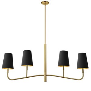 Lustre transitionnel linéaire Eleanor de Dainolite 4 lumières 53 po l. avec abat-jour en tissu noir/or, laiton patiné