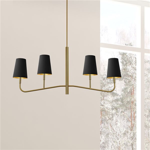 Lustre transitionnel linéaire Eleanor de Dainolite 4 lumières 53 po l. avec abat-jour en tissu noir/or, laiton patiné