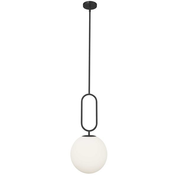 Suspension noir mat 1 lumière Simone de Dainolite avec abat-jour sphérique opalescent blanc