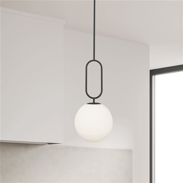 Dainolite Simone 1-Light Matte Black Pendant with Opal White Glass Globe