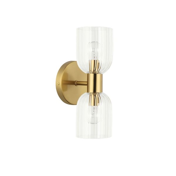 Dainolite Vienna 2-Light Incandescent Aged Brass Wall Sconce - Clear Ribbed Glass