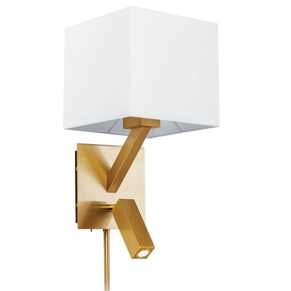 Dainolite 1-Light Aged Brass White Shade Wall Sconce with LED Reading Light