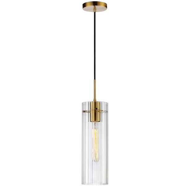 Lampe suspendue 1 lumière Patia de Dainolite à abat-jour en verre clair cannelé, laiton patiné