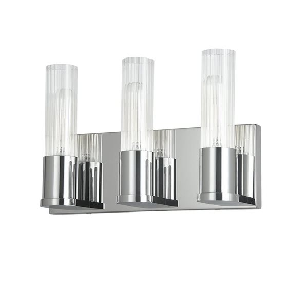 Luminaire de meuble-lavabo 3 lumières Tube de Dainolite en chrome poli, verre cannelé transparent