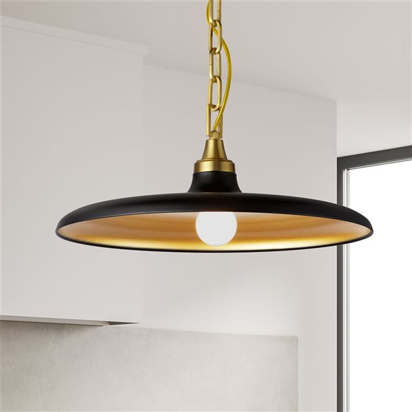 Dainolite Quentin 1-Light Aged Brass Pendant - Matte Black/Gold Shade