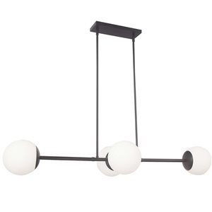 Suspension 4 lumières Dayana de Dainolite horizontal à verre opale blanc, fini noir mat