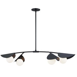 Suspension horizontale 4 lumières Emma de Dainolite à verre blanc, fini noir mat