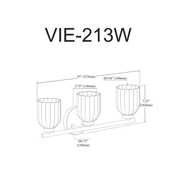 Luminaire de meuble-lavabo Vienna de Dainolite en chrome poli 3 lumières à incandescence, verre clair cannelé