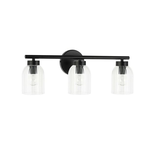 Dainolite Vienna 3-Light Matte Black Incandescent Vanity Light - Clear Ribbed Glass