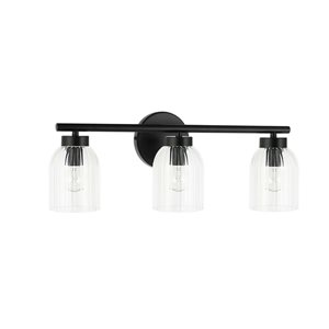 Dainolite Vienna 3-Light Matte Black Incandescent Vanity Light - Clear Ribbed Glass