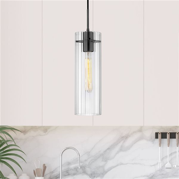 Lampe suspendue 1 lumière Patia de Dainolite noir mat, verre clair cannelé