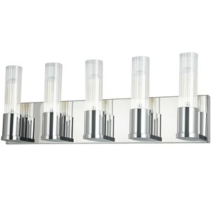 Luminaire de meuble-lavabo 5 lumières Tube de Dainolite en chrome poli, verre cannelé transparent