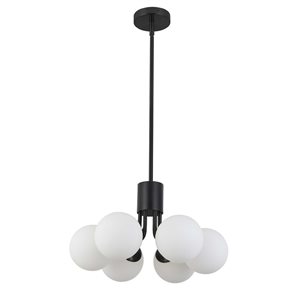 Suspension noir mat 6 lumières Amanda de Dainolite avec abat-jour blanc opalescent