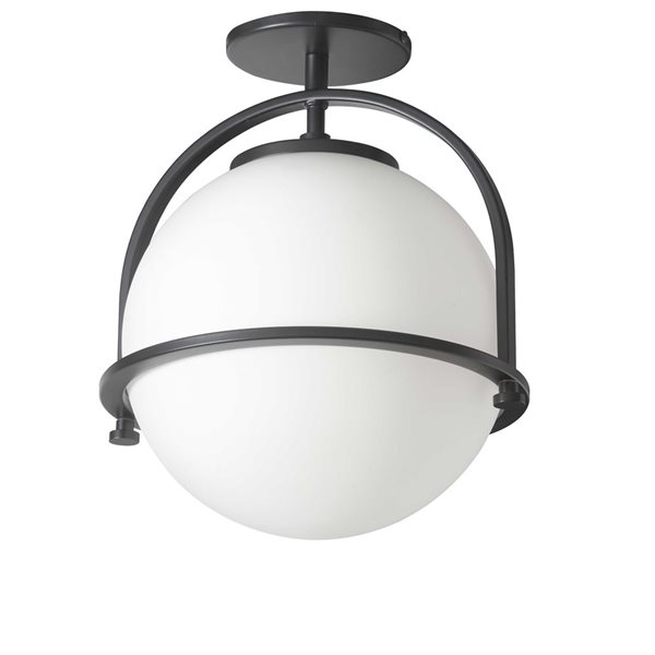 Semi-plafonnier à 1 lumière Paola de Dainolite noir mat à verre opale blanc